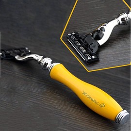 Complete 4 Piece Shaving Set Yellow Collection Black Synthetic Badger Brush & Gillette Fusion Razor / Gillette Mach3 or Classic Safety Razor + Bowl and Double Razor Stand