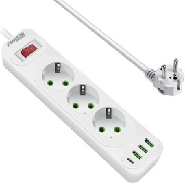 USB C Power Strip Surge Protector with 3 Sockets and 3 USB Fast Charge and 1 Type C, Protection Extension, 2m (F23U, White)