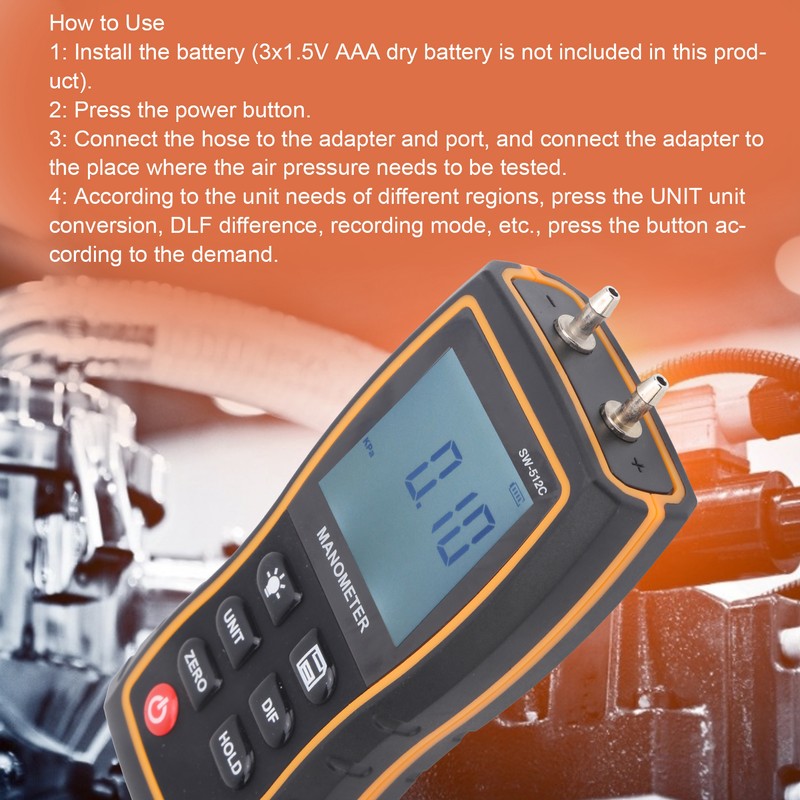 SW‑512C Digital Manometer HVAC Air Pressure Meter Gauge Differential Air