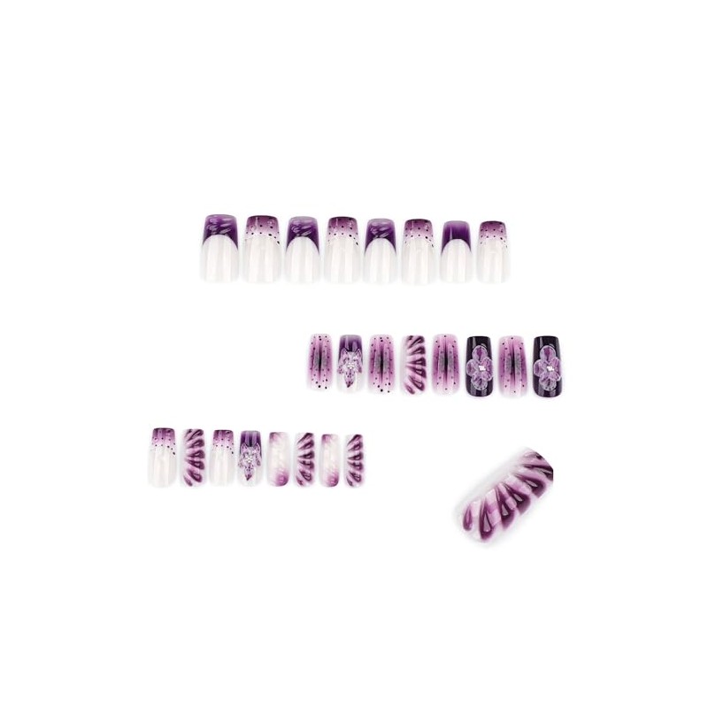 Uñas postizas francesas con flores moradas, acrílicas, largas, cuadradas, de