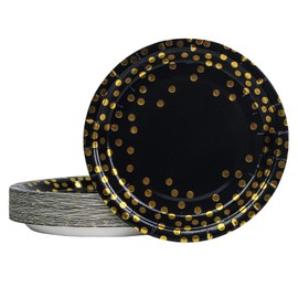 DHAIQC Pack of 50 Black Gold Paper Plates, 23 cm, Disposable Plates, Colourful Party Plates, Party Tableware Set for Birthday, Weddings, Anniversary, Picnic, Grills (Black Gold, 9 Inches)