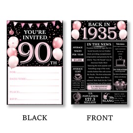 QZJ 90th Birthday Party Invitations for Women Men - Back in 1935 Invites Pink 90 Year Old Birthday Invitations Set (20 Invites and Envelopes)