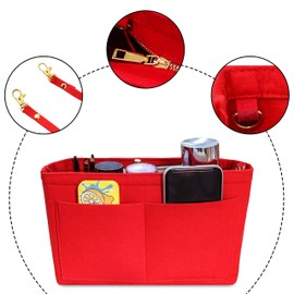 Fovasen Felt Handbag Organiser Insert, Bag Organiser Insert with Handles Keychain, Pocket Purse Cosmetic Storage Bag for Women, red-Large