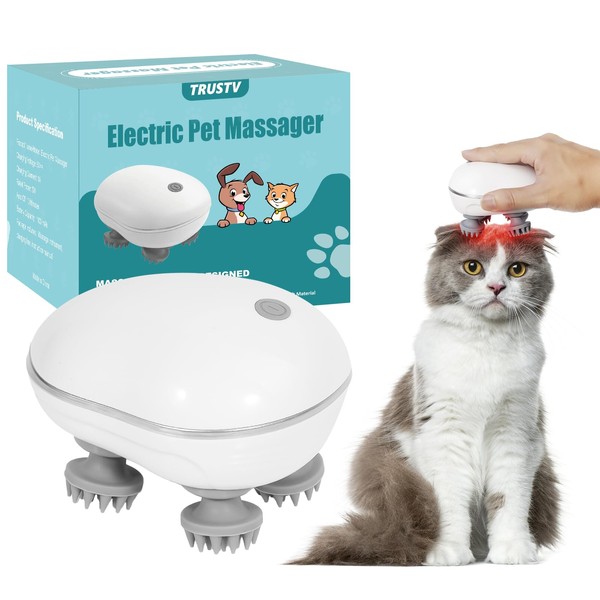 Electric Cat Massager, Handheld Pet Massager for Indoor Cats and Dogs with Red Light, Cat Head and Back Massager Tool for Relieve Anxiety Stress, Tight Muscles and Stiffness with 4 Massage Heads