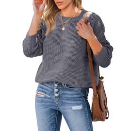 MEROKEETY Women's 2024 Long Sleeve Waffle Knit Sweater Crew Neck Solid Color Pullover Jumper Tops Grey