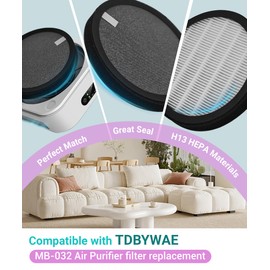 Byseacore Replacement Filter Compatible with TDBYWAE MB-032 Air Purifier, 3-in-1 filter with HEPA(H13) Activated Carbon Filter, 2 Count