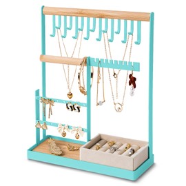 Jewelry Organizer Stand with Velvet Ring Holder, 4 Tier Jewelry Holder Organizer with 15 Hooks Necklace Organizer and Watch Bracket Holder, Jewelry Stand with 17 Holes for Earring Holder, Blue