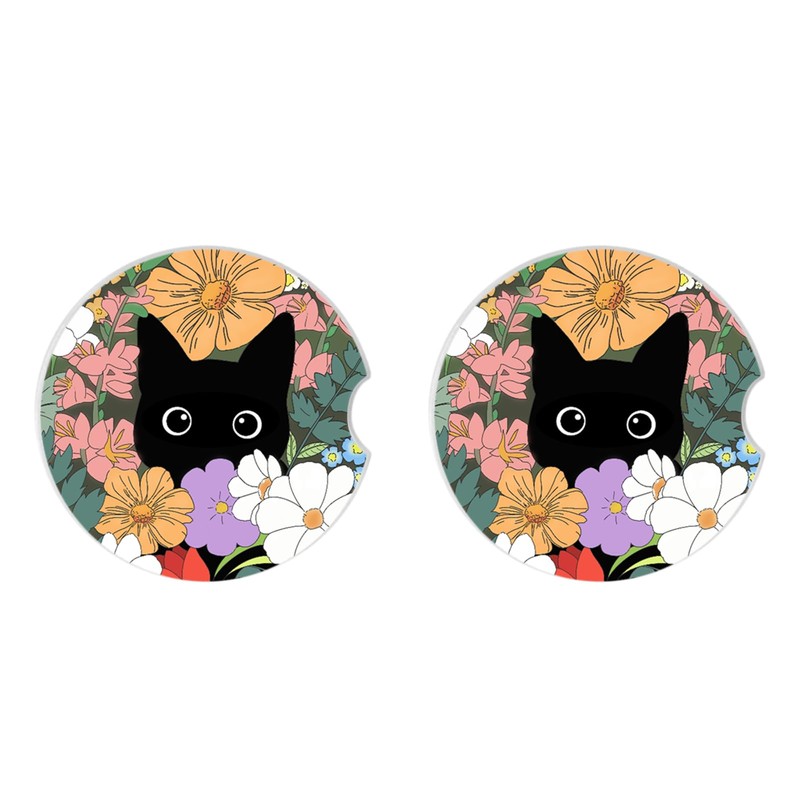 Cute Black Cat Car Coasters for Drinks Absorbent, 2 Pack