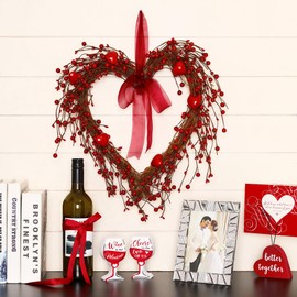 Glitzhome 17" Valentine's Day Red Heart Wreath with Red Ribbon Valentine Love Wreath for Indoor Outdoor Decoration Wall Hanging
