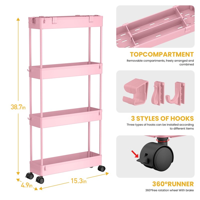 SPACELEAD Slim Storage Cart 4 Tier,Bathroom Organizer Rolling Utility,Mobile Shelving