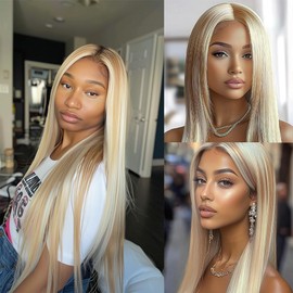 QEUOPE Honey Blonde Highlight Straight Bundles Human Hair P27613 Two Tone Blonde and 613 Bundles Double Weft Brazilian Hair Extensions for Women 8 10 12 inch