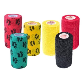 Prairie Horse Supply 3 Inch Vet Wrap Tape Bulk (Red, Yellow, Black and Black Paw Prints on Yellow, Red, Teal) (Pack of 6) Self Adhesive Adherent Adhering Flex Bandage Grip Roll for Dog Cat Pet