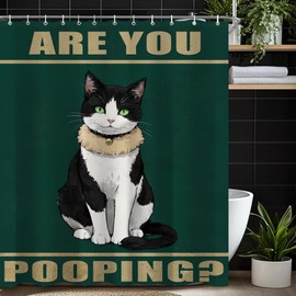 CINEKER Cute Funny Cat Shower Curtain Sets for Bathroom 60Wx72H are You Pooping Shower Curtain Green Fun Kitty Interesting Animal Bathtub Curtain Farmhouse Rustic Bathroom Decor with 12 Hooks