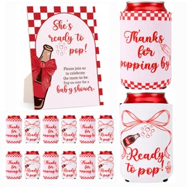 Nuanchu 25 Pcs She's Ready to Pop Baby Shower Party Favors Decorations with 24 Brewing Beer Can Cooler Sleeves and 1 Soda Theme Wooden Sign for Gender Reveal Pregnancy Newborn Party Supplies