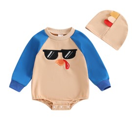 niceclould Baby Boy Outfit Long Sleeve Crew Neck Jumpsut Turkey Print Contrast Color Romper Hat 2Pcs Set Thanksgiving Clothes (A-Blue, 0-3 Months)
