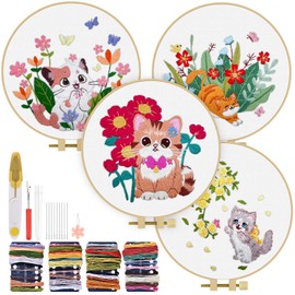 TINDTOP Embroidery Kit for Adults, Cute Cat Embroidery Practice Kits for Beginners Include Embroidery Cloth Hoops Threads for Craft Lover Hand Stitch