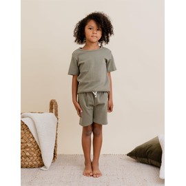 Owlivia Kids Pjs Set, Boys Girls Summer Short-Sleeve Sleepwear, 100% organic cotton Toddler Pajamas(5 Years, Olive Green)