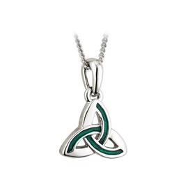 Solvar Trinity Knot Necklace Rhodium Plated & Green Enamel Irish Made by