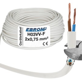 EBROM Plastic hose line, round, LED cable, power cable, device cable H03VV-F 2 x 0.75 mm², colour: white, many lengths in 5 m increments up to 250 metres, 2 x 0.75 mm², your cable length: 20 m