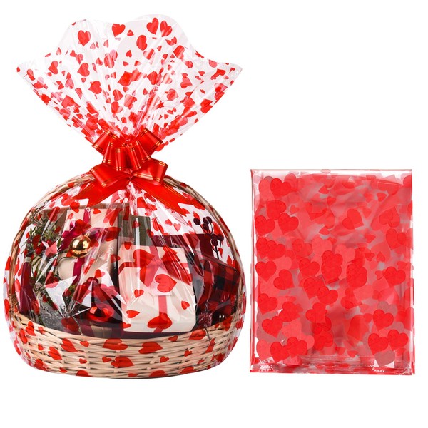 Zonon 20 Pcs Valentine Cellophane Bags 35 x 23 In Valentine Basket Bags Heart Printed Cellophane Wrap red Basket Bags Large Cellophane Bags for Baskets, Weddings