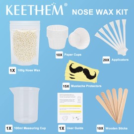 Keethem Nose Wax Kit for Men and Women - Instant Hair Removal, 100g Hard Wax, 20 Applicators, 10 Mustache Guards, and 10 Paper Cups - Painless, Safe, 20 times usage count - White Applicators