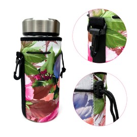AMMKRO Water Bottle Bag Carrier, Water Bottle Neoprene Sleeve Portable Insulator Bottle Cover Drawstring Insulator for 18 Oz 20 Oz Water Bottle (Peony)