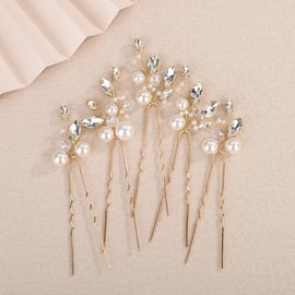 Teyglen 5pcs Gold Pearl Rhinestone Hair Pins Pearl Bride Wedding Hair Pins Clips Elegant Hair Accessories for Women Party Prom Rhinestone Headpiece