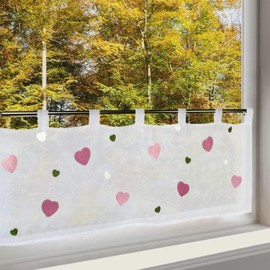 Delindo Lifestyle Net Curtain Colourful Hearts Curtain with Embroidered Motif for Girls, Modern Transparent Bistro Curtain for Children's Room, White, 45 x 115 cm