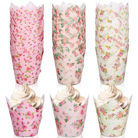 Whaline 180Pcs Floral Tulip Cupcake Liners Greaseproof Muffin Baking Liners Pink Flower Tulip Cupcake Wrappers Baking Cup for Spring Wedding Bridal Shower Birthday Tea Party Decor