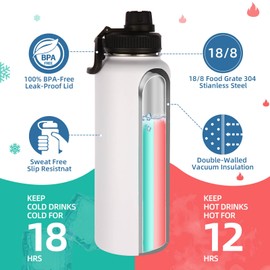 Volhoply 40 oz Insulated Water Bottles Paracord Handle, Stainless Steel Sports Bottle with Spout Lid, Double Walled Vacuum Water Cups with Wide Mouth, Reusable Water Jug for Adults (White, 1 Set)