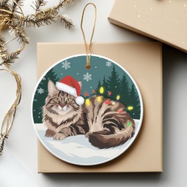 Maine Coon Cat Round Ceramic Ornament 3 inches Colorful Winter Scene with Christmas Lights and Santa Hat