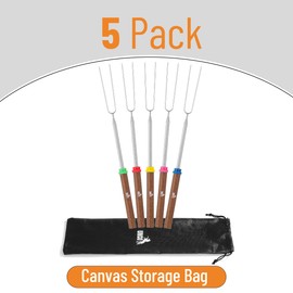 UNCO- Marshmallow Roasting Sticks, 32”, 5 Pack, Dark Brown Wooden Handle, Extendable Stainless Steel Smores Sticks for Fire Pit, Smores Skewers, Campfire Cooking Equipment