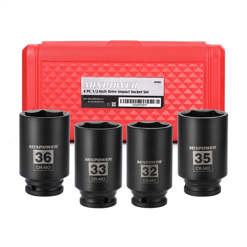 MIXPOWER 4-Piece 1/2'' Drive Deep Impact Socket Set, 6 Point,