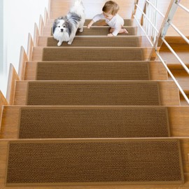 DOPLUSDO Non Slip Stair Treads for Wooden Steps, Stair Runners Indoor, 15 PCS 8" x 30" Natural Linen Carpet Stair Treads, Self-Adhesive Washable Backing for Kids Elders and Pets, Coffee