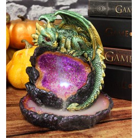 Ebros 5.5" Tall Andromeda Galaxy Wyrmling Dragon On Crystal Geode Rock Backflow Incense Cone Burner Statue with LED Night Light Dungeons Dragons Fantasy Decor Accent