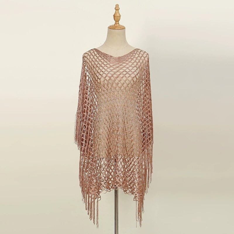 FairyCity Crochet Mesh Beach Cover Up Poncho with Fringe, Rose