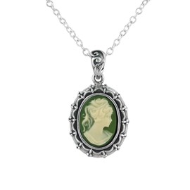 Sterling Silver Picture Frame Resin Cameo Necklace, Green