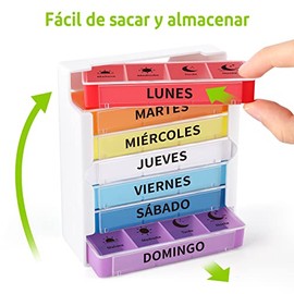Opret Pastillero Semanal 4 Tomas Español, Pastillero Diario Grande 7 Dias, Dosificador de Comprimidos con 28 Compartimentos, Organizador de Pastillas para Viaje