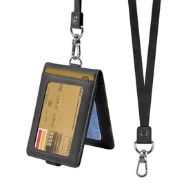 ID Card Holder Waterproof Card Case with Lanyard PU Leather ID Card Holder 2-Sided ID Card Holder Badge Holder Work Card Holder Credit Card Holder with 1 ID Window 4 Card Slots, Black