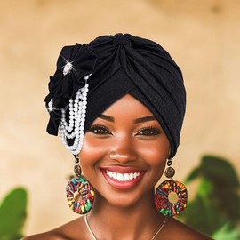 IYOU Flower Afrcian Head Wraps Black Floral Turban Headband Pearl Tassel Beanie Cap for Women