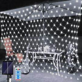 Solar Netz Lichter - 1.5 x 1.5 Meter Mesh Lichterkette 96 LEDs Außen Wasserdicht mit 8 Beleuchtungsmodi, Fernbedienung Weihnachtsbaum Rasen Zaun Büsche Wand (Weiß