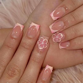 GlamRays 24 Pieces French Tip Stick-on Nails Square Short Fake Nails Full Cover Cherry Blossom Nails with Pearl Design