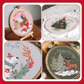 MAMUNU 4 Sets Christmas Embroidery Starter Kit with Pattern for Beginners, Embroidery Kits with Christmas Tree Elk Pattern,Cross Stitch Set with 4 Plastic Embroidery Hoops and Tools