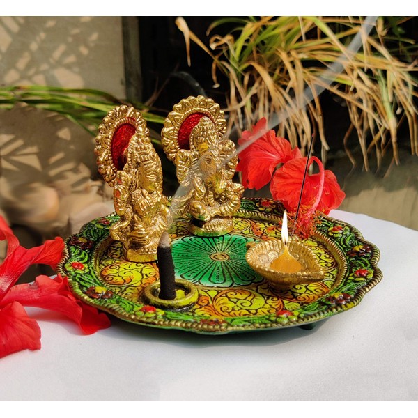 Aluminium Golden Color Plate for Puja Diwali Gift Items Deepawali Decorations Indian Dhanteras Pooja Statue Thali (Puja Set 6" Multi)