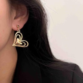 Aneneiceera Vintage Layered Heart Earrings Love Heart Dangle Earrings Gold Open Heart Stud Earrings Puffy Heart Drop Earrings Jewelry for Women and Girls