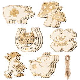 BOFUNX 18 Pieces Lucky Wooden Pendants New Year's Eve Gift Tags Gift Labels Pendant Lucky Charm Clover Mushroom Pig Horseshoe Wooden Disc Crafts for New Year's Eve Birthday Gift