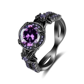 Tsnamer Gothic Black Rings for Women, Mystic Rainbow Topaz with Created Amethyst Flower Goth Black Gold Wedding Engagement Ring Size 6 to 11, 8, Metal, Cubic Zirconia
