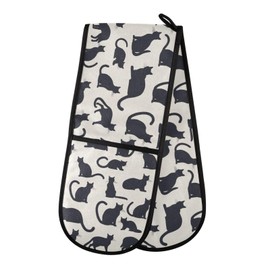 Ofenhandschuhe, doppelte Ofenhandschuhe, niedliche Katze, schwarz, Ofenhandschuhe, Topflappen, hitzebeständig, gesteppt, für Grillen, Backen, Küche, Kochen