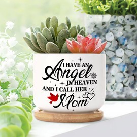 DecStic I Have an Angel in Heaven and I Call Her Mom Ceramic Planter Bible Verse Flower Pots for Indoor Plants with Drainage Holes and Saucers Pot for Indoor Outdoor Garden