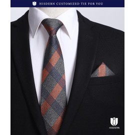 Hisdern HTC-01S Formal Tie for Men with Pocket Square, W 3.3 inches (8.5 cm), Easy-Care, Washable, Checkered, Stripe, Business Brand for Weddings, Job Interviews, Formal Occasions, Gift, 38 Patterns